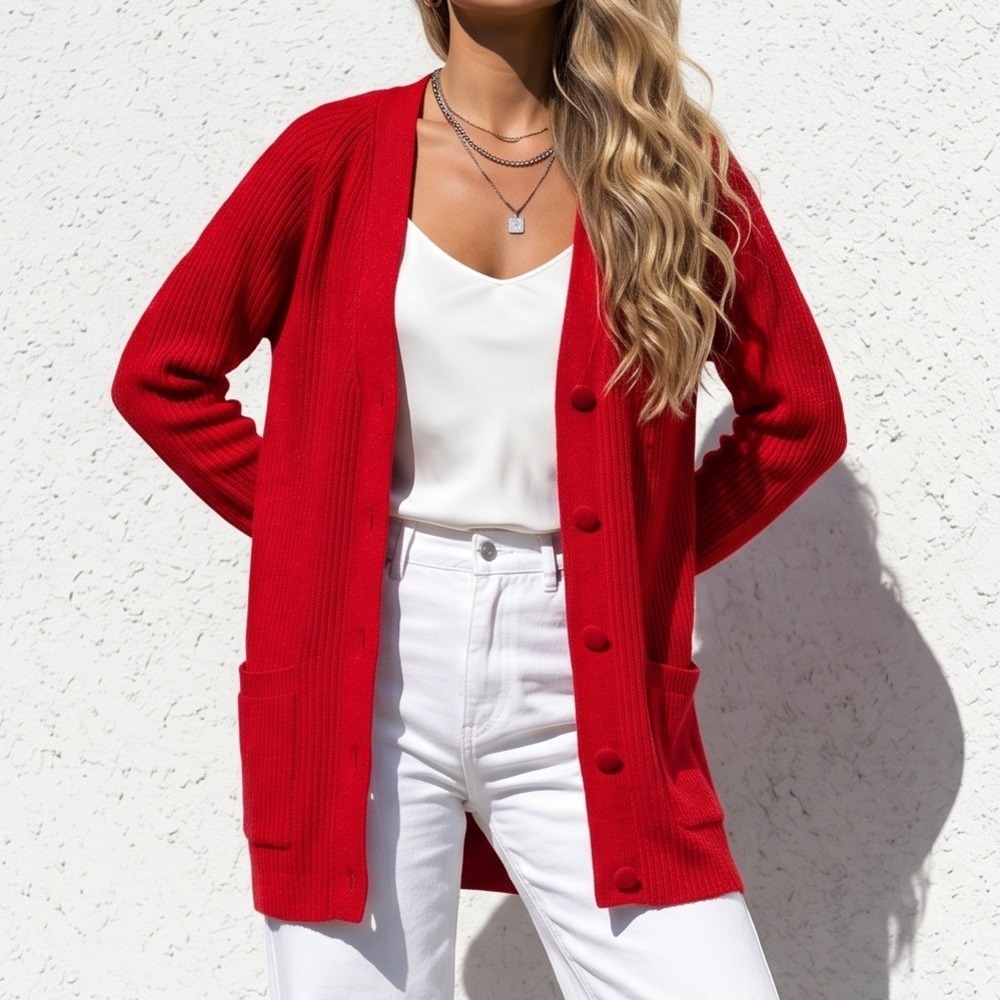 Yarnworks Red Ribbed Knit Longline Cardigan Sweater Womens XL V-Neck Button